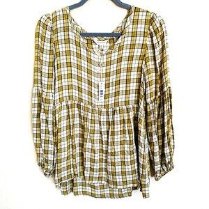 Max Studio Yellow blouse women pleated Long sleeve babydoll top size M